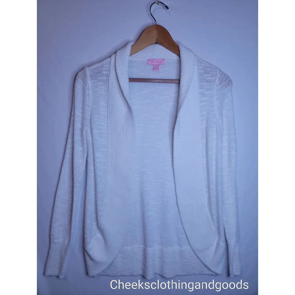 Lilly Pulitzer White Open Front Shawl Collar Knit Cardigan Sweater Womens XS